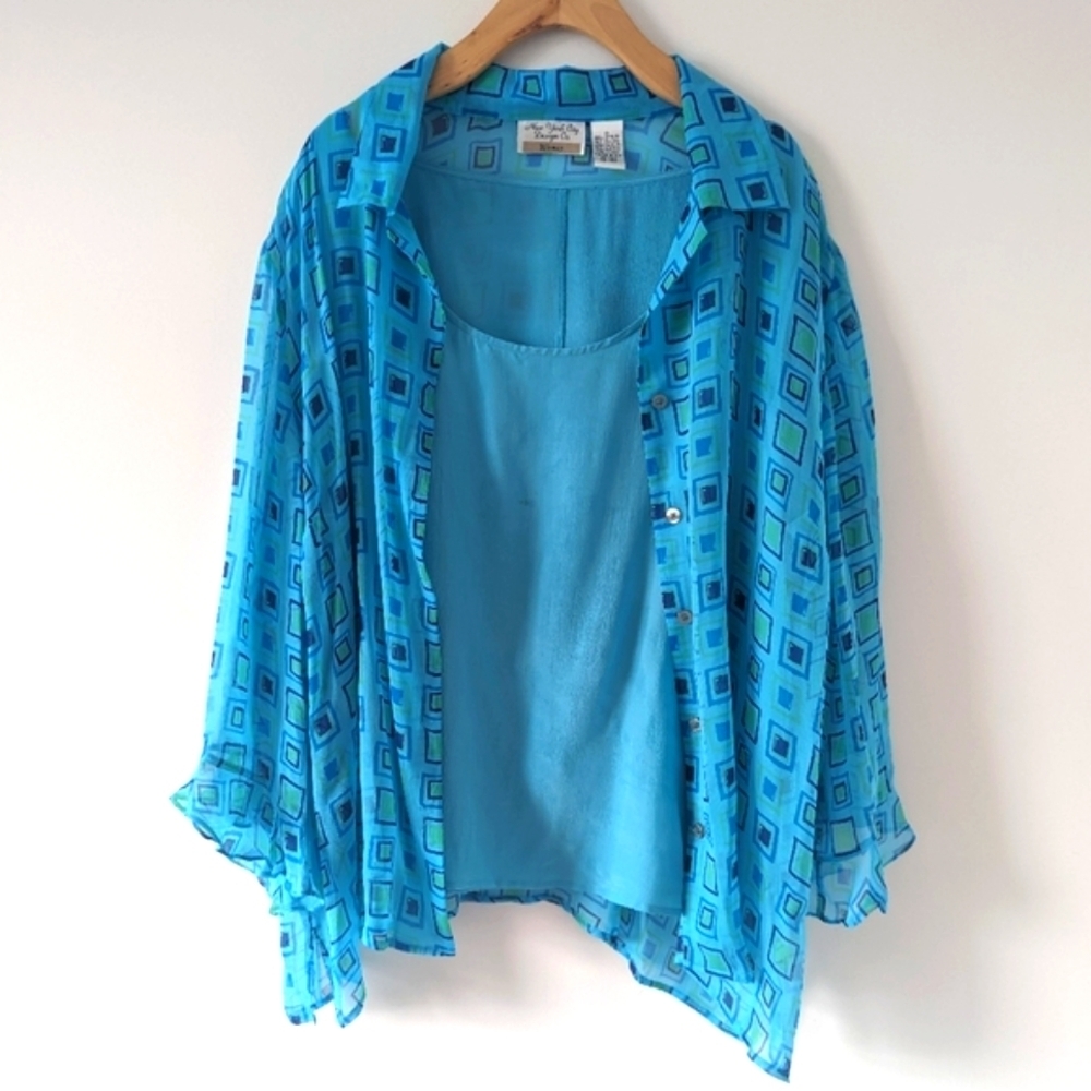 New York City Design Co. Woman's Blue Geometric Print Silk Jacket Sz 3X Vintage